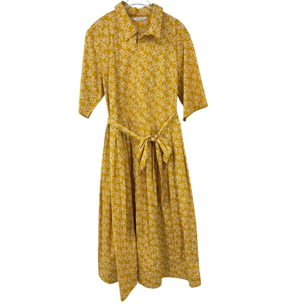 eShakti Midi Shirt Dress Yellow Floral Print Button Front Belted Cotton